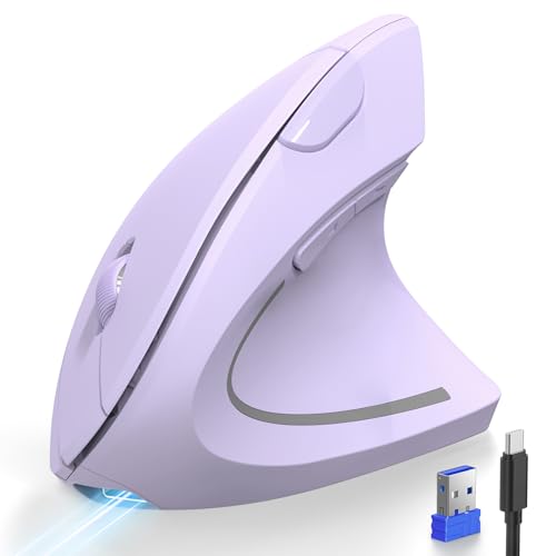 TECKNET Ergonomic Mouse Wireless, Rechargeable Vertical Mice Right Hand | Bluetooth+2.4GHz USB, Multi Device, 4800 DPI Adjustable, Optical Carpal Tunnel Mouse for Laptop, PC, MacBook, Light Purple - color: Light Purple