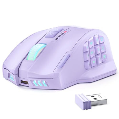 UtechSmart Venus Pro Wireless MMO Gaming Mouse, 16,000 DPI Optical Sensor, Wired/Wireless Dual Modes, 16M Chroma RGB Lighting, 16 Programmable Buttons, Ergonomic Design, Up to 70H, Purple - color: Purple