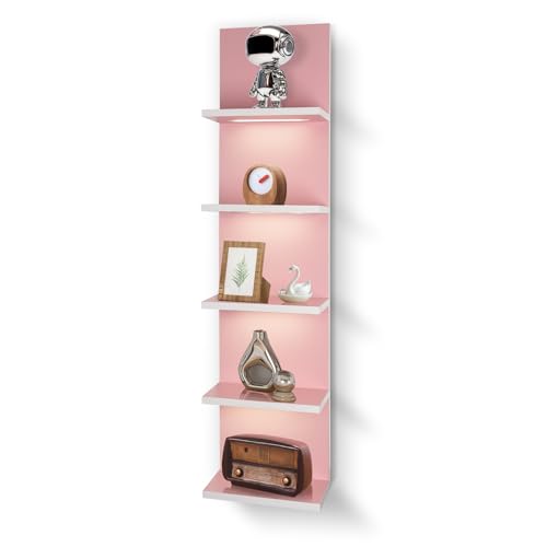 5 Tier Pink Wall Shelf Unit | Wall Shelves for Bathroom, Bedroom, Vanity, Wall Mount Vertical Lack Shelf, With LED - color: Pink