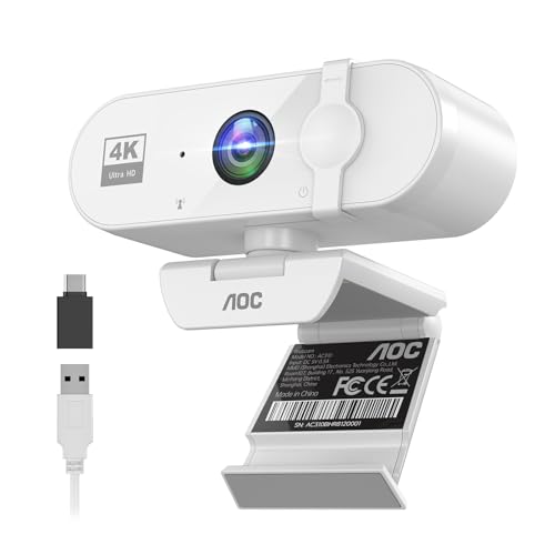 AOC White 4k Webcam for PC with Microphone, Computer Camera with Noise Cancellation, Privacy Cover, 99° FOV, Plug & Play USB Webcam for Streaming, Conferencing, Zoom, Skype, Facetime - color: white