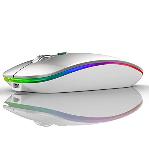 TENMOS Wireless Bluetooth Mouse, LED Silent Rechargeable Mouse-Silver | Tri-Mode BT5.1/5.0+2.4GHz,USB C Charging, Quiet Click, Nano Receiver,Type C Adapter, Portable, Slim, for Laptop/Macbook/iPad - color: Silver