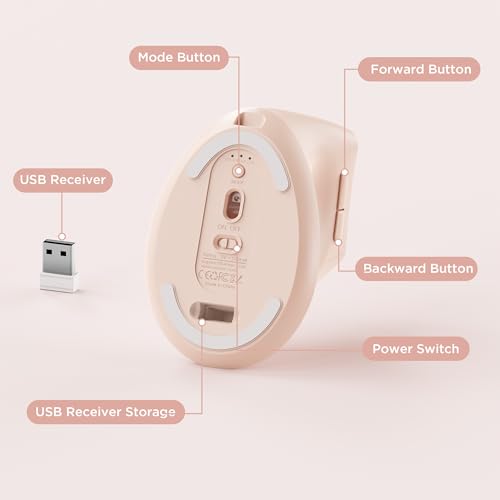 Uineer Vertical Ergonomic Mouse, Wireless Bluetooth Mouse, 3-Device,Quiet | Switch among 3 devices; side scroll wheel supports horizontal navigation for documents and spreadsheets. - color: Pink