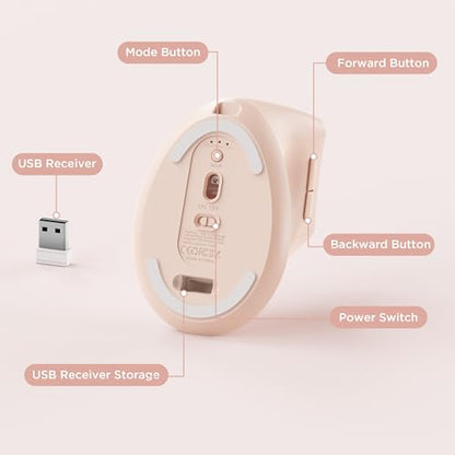 Uineer Vertical Ergonomic Mouse, Wireless Bluetooth Mouse, 3-Device,Quiet | Switch among 3 devices; side scroll wheel supports horizontal navigation for documents and spreadsheets. - color: Pink