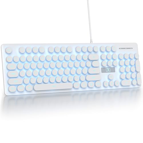 Fogruaden Wired Retro Typewriter Keyboard, Quiet Full Size Membrane Keyboard Light Up, White Cute Computer Keyboards, 104 Round Keys, Blue LED Backlit, Slim, Silent for Windows PC, Laptop - color: White