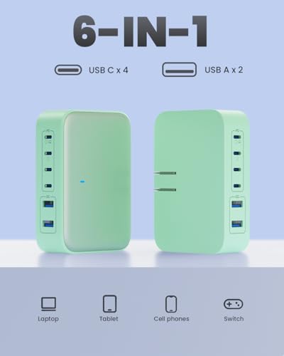 USB C Charger 200W USB C Charging Block,6 Ports GaN IV Foldable Wall Charger,QC4.0 Fast Charging Station Hub,PD 65W Laptop Charger for MacBook Pro/Air,Dell,iPhone 16/15,iPad,Galaxy,Steam Deck (Green)