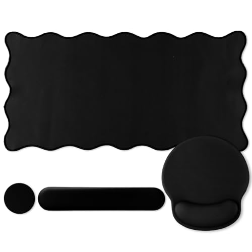 Sabary Scalloped Desk Mat Keyboard Mouse Pad Set 35.5 x 15.7 Inch Black Cute Aesthetic Preppy Table Mat Keyboard Wrist Rest Mouse Pad with Wrist Rest Coaster Ergonomic Non-Slip Waterproof Gaming Desk - color: Black, size: 35.5 x 15.7 Inch