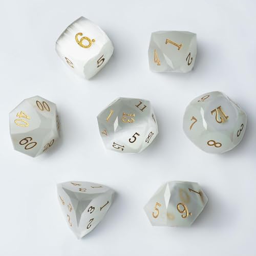 RULE DICE Gemstone DND Dice, Dungeons and Dragons Dice Set 7PCS Polyhedral Gem Stone Dice Set D4 D6 D8 D10 D% D12 D20,Crystal Glass Gem Dice Set with Gift Case - color: Pm-white Ca't Eye