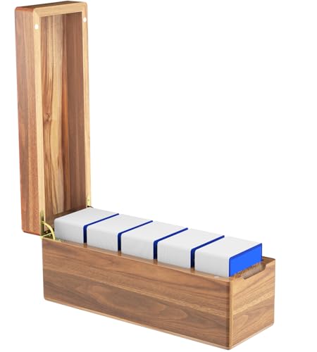Neando Acacia Wood Trading Card Storage Box with Lid, 5-Compartment MTG & PTCG Card Organizer Fits 600+ Single Sleeved Cards, Magnetic Closure Deck Box