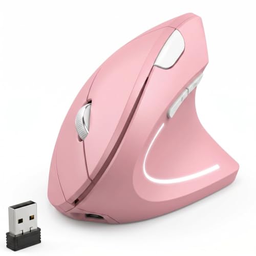 Ergonomic Vertical Wireless Mouse Stylish Rechargeable 2.4G Optical Mice Cordless Mouse with USB Receiver, 800/1200 /1600 DPI, 5 Buttons for Laptop,PC,Mac,Computer (Pink) - color: Pink