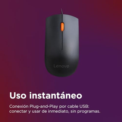 Lenovo 300 USB wired computer mouse - full size optical ambidextrous with 1600 DPI, reliable USB-A connection, easy 3-button navigation – long lasting, durable, black - color: Black 300