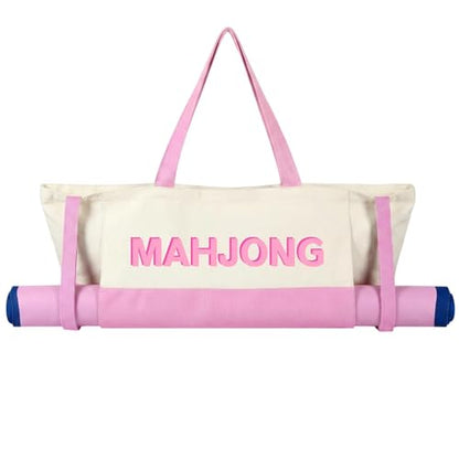Abbylike 28x9 Inches Mahjong Bag for Rolled Mat Tiles Racks Pushers Accessories Empty Mahjong Tote Bag with Zipper Closure Outer Pockets Lining Large Capacity(Beige&Light Pink,Canvas) - color: Beige&light Pink