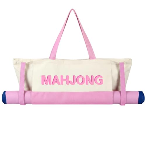 Abbylike 28x9 Inches Mahjong Bag for Rolled Mat Tiles Racks Pushers Accessories Empty Mahjong Tote Bag with Zipper Closure Outer Pockets Lining Large Capacity(Beige&Light Pink,Canvas) - color: Beige&light Pink