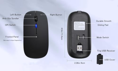 AIKOKOK Wireless Bluetooth Mouse, Rechargeable Dual Mode Mouse, Matte Black | BT 5.2 & 2.4G USB Receiver, 3 Adjustable DPI,LED Lights,Slim,Silent,Portable Computer Mouse for Laptop,PC,MacBook,iPad,Tablet - color: Matte Black