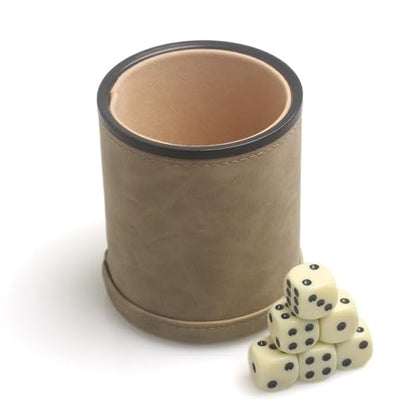 PU Leatherette Dice Cup with 6 Dot Dices for Yahtzee Farkle Bar Party Dice Games - color: Light Brown