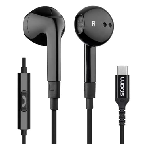 LUDOS FEROX USB C Headphones for iPhone 17 16 15 Pro Max Plus Air iPad Pro, 5 Years Warranty, USB-C Earbuds for Samsung Galaxy S24 S23 Ultra S22 S21 FE S20 Z Flip 3 Fold 4 A53, USB Type C Earphones - color: Black, style: USB-C
