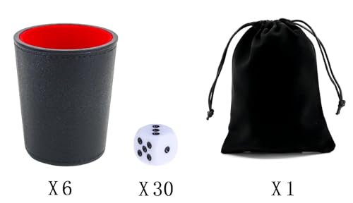 Leather Dice Cup, Quite Felt-Lined Interior, 6 Shaker Cups and 30 Dot Dices, one Carry Bag (Black and Red) - color: Black and Red