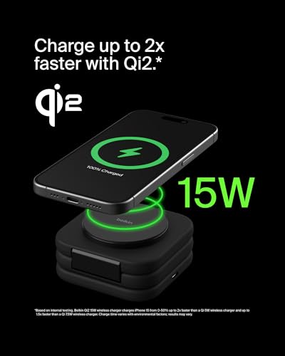 Belkin Qi2 15W Magnetic Wireless Travel Pad, 3 in 1 Foldable Charger | MagSafe compatible, iPhone 16 Series, Apple Watch, AirPods, BoostCharge Pro, portable travel charger, Magnetic - style: 3 in 1