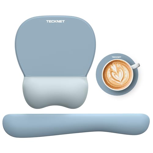 TECKNET Gel Ergonomic Mouse Pad & Keyboard Wrist Rest & Coaster | 3 in 1 Set, Pain Relief, Milk Silk Cloth, Non-Slip PU Base, Easy Typing, Memory Foam Wrist Support for Office & Home - color: Blue