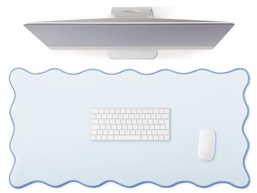 Hahafelt Scalloped Desk Mat Large Desk Pad Cute Coquette Table Mat Back to School Preppy Table Make up Pad Nonslip Graduation Gift with Stitching Waterproof Gaming(Blue,31.5 x 15.8 Inches) - color: Blue, size: 31.5 x 15.8 Inches