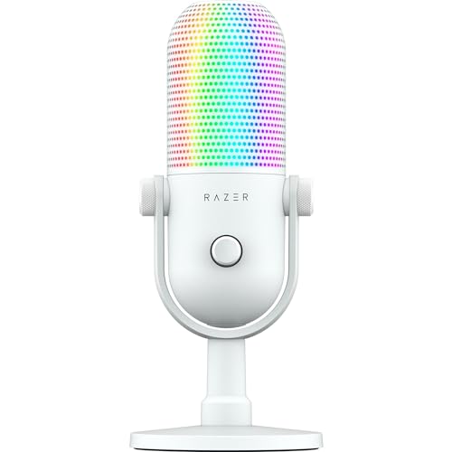 Razer Seiren V3 Chroma RGB, Stream & Game Reactive, USB Microphone, White | Tap-to-Mute Sensor, Condenser Mic, Digital Gain Limiter & Shock Absorber, Works with OBS, Discord, Zoom, Teams - color: White
