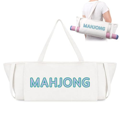 Abbylike 28x9 Inches Mahjong Bag for Rolled Mat Tiles Racks Pushers Accessories Empty Mahjong Tote Bag with Zipper Closure Outer Pockets Lining Large Capacity(Natural White,Canvas) - color: Natural White