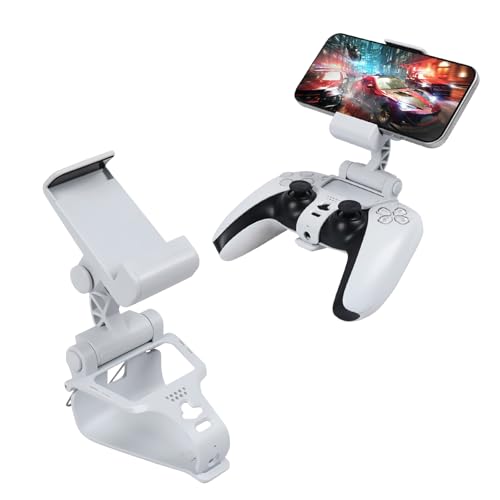 EasEasy Compatible for PS5 Controller Phone Mount Clip, Adjustable Mobile Gaming Holder Clamp for Playstation 5 Remote Controller Cell Phone Stand-White - color: White