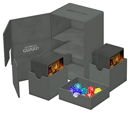 Ultimate Guard Twin Flip'n'Tray 160+, Deck Case for 160 Double-Sleeved TCG Cards + Dice Tray, Grey, Independent Magnetic Closure & Microfiber Inner Lining - color: Grey, size: 160+