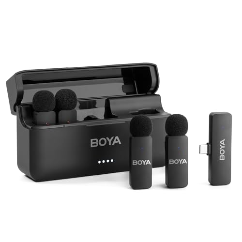 BOYA BY-V4U Wireless Lavalier Microphone for iPhone 17/16/15 Series Type C Smartphone with Charging Case, 4-Channel Mono Output, Omnidirectional Noise Cancelling Lapel Mic for Video Recording Podcast - size: 4TX+USB-C RX+1CC