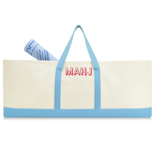Mahjong Bag for Tiles and Racks Empty American Mahjong Tiles Carrying Tote 31.5 x 12 x 4 Inches Canvas Tile Games Accessories Gifts for Card Pushers Rack Mat Carrying (Case Only) (Blue) - color: Blue