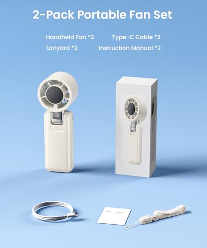 2 Pack Portable Mini Handheld Fan, 199-Level Stepless Speed,White | 4000mAh Rechargeable Battery, Quiet, LED Digital Display, Personal Cooling Turbo Fan for Travel, Office, Makeup & Concerts - color: White