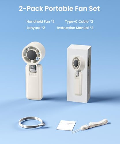2 Pack Portable Mini Handheld Fan, 199-Level Stepless Speed,White | 4000mAh Rechargeable Battery, Quiet, LED Digital Display, Personal Cooling Turbo Fan for Travel, Office, Makeup & Concerts - color: White