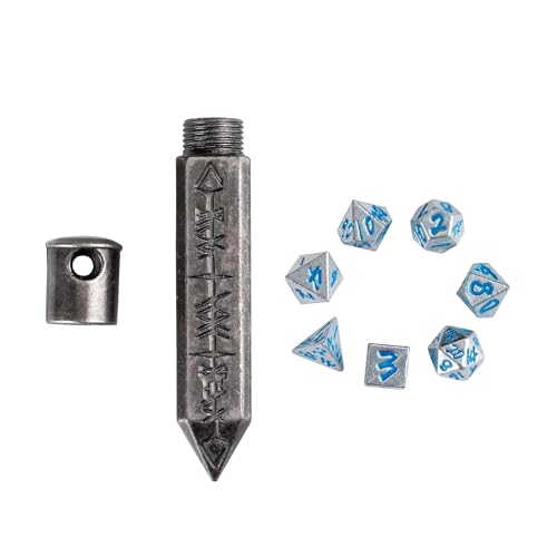 Mini Dice Set with Rune Keychain Case,7PCS Polyhedral Metal Dice Set for DND Role Playing Games(Silver/Silver Blue) - color: Silver/Silver Blue
