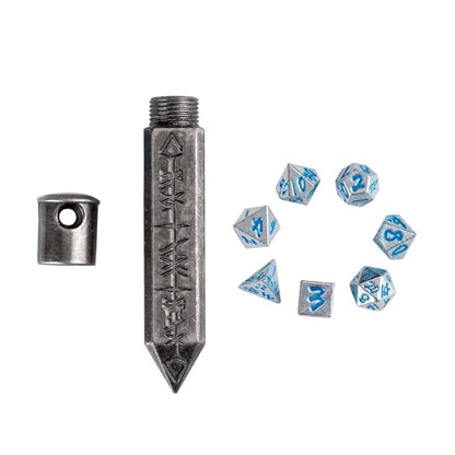 Mini Dice Set with Rune Keychain Case,7PCS Polyhedral Metal Dice Set for DND Role Playing Games(Silver/Silver Blue) - color: Silver/Silver Blue
