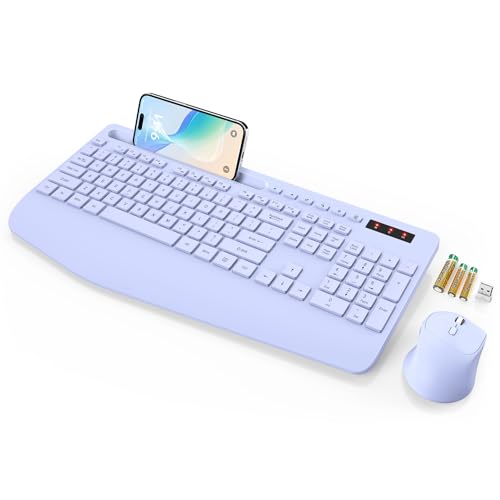 SABLUTE Wireless Keyboard and Mouse Combo, Full Size, Ergonomic Wrist Rest | 2.4G Lag-Free, 3-Level DPI, Phone Holder, Silent Typing, KM23D Batteries Powered Set for PC, Laptop, Windows, macOS (Purple) - color: Lavender Purple, size: 1 Pack