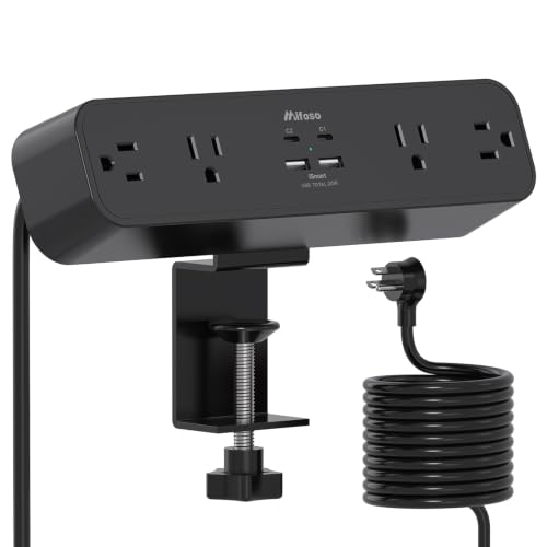 Mifaso PD20W USB C Desk Clamp Power Strip, 1080J Surge Protector | 4 Outlets, 4 USB (2 USBC), 5FT Extension Cord, Desk Organizer Gaming Accessories Office Essentials, Fits 1.96" Edge, Black - color: Black, size: PD20W