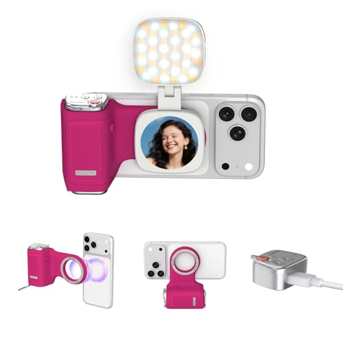 COMITOK iPhone Camera Grip MOCA with Magnet Fill Light & Mirror for 17 Pro iOS26 Native Camera, Fun Shot Magnetic Grip for Phone Compatible iOS17 and iOS18 with Anti-Drop Detachable Remote & Keychain - color: Fuchsia