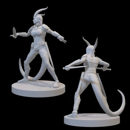 Ranger Miniatures for DND Pathfinder RPG Unpainted Resin 28mm-32mm 3D Printed (Tiefling Female Ranger Two Swords) - style: Tiefling Female Ranger Two Swords