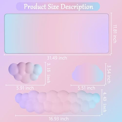 Cloud Mouse Pad Keyboard Wrist Rest 4PCS Extended Large Pink Sky Desk Mat Pad Set Memory Foam Non-Slip Cute Ergonomic Gaming Mouse Pad Wrist Support for Computer Laptop Home Office Pink Purple - color: 4pcs Pink Purple