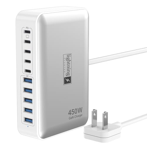 USB C Charger Hub 450W, 10 Ports Charging Station for Multiple Devices, Type C Port 140W Max for Laptops Super Fast Charging, GaN Tech Charging Blocks Comapct Design, Ultra Slim Flat Plug - color: Flat Charger 450W White
