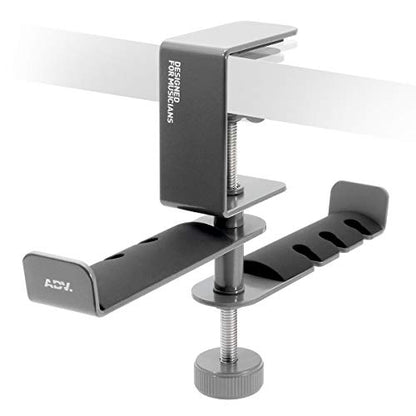 ADV. Dual Suspension Headphone Stand – Floating Headset Stand with 360° Rotating Arm, Adjustable Clamp for Desk/Table, Steel Metal Holder, 3.5mm Jack Mount, Universal Fit, [Grey] - color: Grey