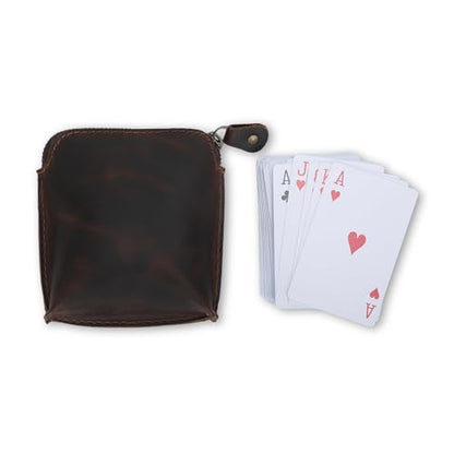 Premium Full Grain Leather Playing Card Case, Zippered Playing Card Holder for Poker Bridge Cards, Durable Leather Card Deck Storage Organizer Travel Card Carrying Pouch Multi Purpose Wallet - color: Brown