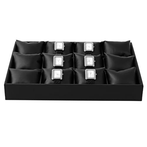 Oirlv Black Leather Watch Organizer Tray for Desktop Display | Smooth leather surface, 13.78×9.45×1.97in, large capacity, ideal for watch storage, desktop display & jewelry showcase - style: P01709