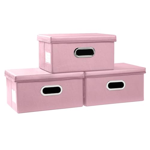 PRANDOM Collapsible Storage Box with Lid [3-Pack] Leather Fabric Foldable Storage Bin Organizer Container Basket Cube with Cover for Home Bedroom Closet Office Nursery Pink(13.6x9.6x6.9) - color: Pink, size: Small(3-Pack)