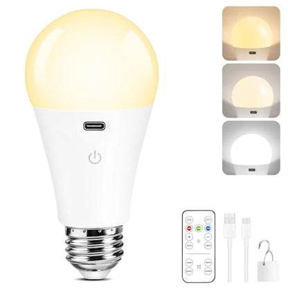 Rechargeable Light Bulbs with Remote Control, Dimmable Battery Operated Light Bulbs with 3 Color Temps and 4 Timer, A19 Wireless Light Bulbs for Sconce, Not-Hardwired, 1 Pack - color: 1 Pack