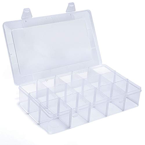 Organizer Box with Adjustable Dividers, 15 Grids Clear Storage Container | Plastic Removable Storage Boxes for Bead Organizer, Fishing Tackles, Felt Board and Jewelry Storage - color: Clear-15 Grids