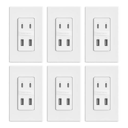 ELEGRP 42W Fast Charge & Power Delivery 4-Port USB Charger, Wall Outlet with 4 USB Ports, UL/CUL Listed, Wall Plate Included, 6 Pack, Matte White - color: Matte White