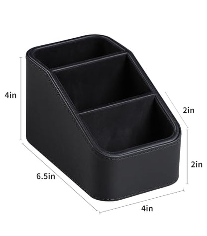 PU Leather Remote Control Holder, Small Desk Organizer Office Supply Bedside Caddy for Nightstand End Table Couch, Pen Remote Organizer with 3 Compartments (Black) - color: Black