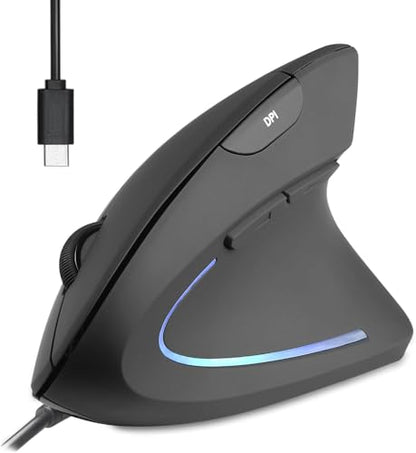 Perixx PERIMICE-513C Wired Vertical USB-C Mouse, 6 Buttons, Adjustable 1000/1600 DPI, Right-Handed, 5.9ft Cable, Black - style: USB Type-C