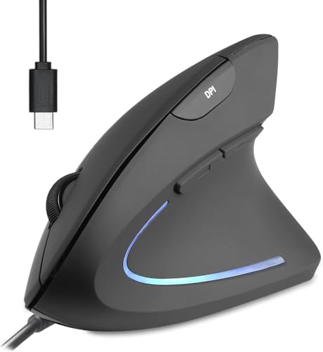 Perixx PERIMICE-513C Wired Vertical USB-C Mouse, 6 Buttons, Adjustable 1000/1600 DPI, Right-Handed, 5.9ft Cable, Black - style: USB Type-C