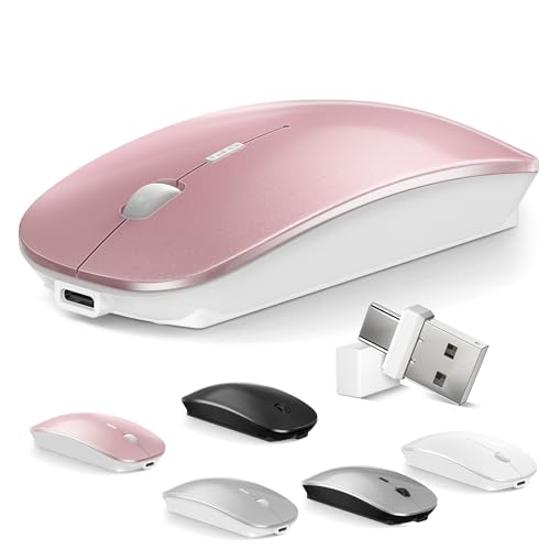 Mouse for MacBook Wireless Bluetooth Mice Laptop Mac Pro PC iPad Dual Mode | Wireless Bluetooth Rechargeable Silent Slim Optical Computer Mouse Bluetooth 5.2/3.0 and 2.4GHz USB Type-C Receiver Rose Gold - color: 1.Bluetooth Wireless Mouse (Rose Gold)